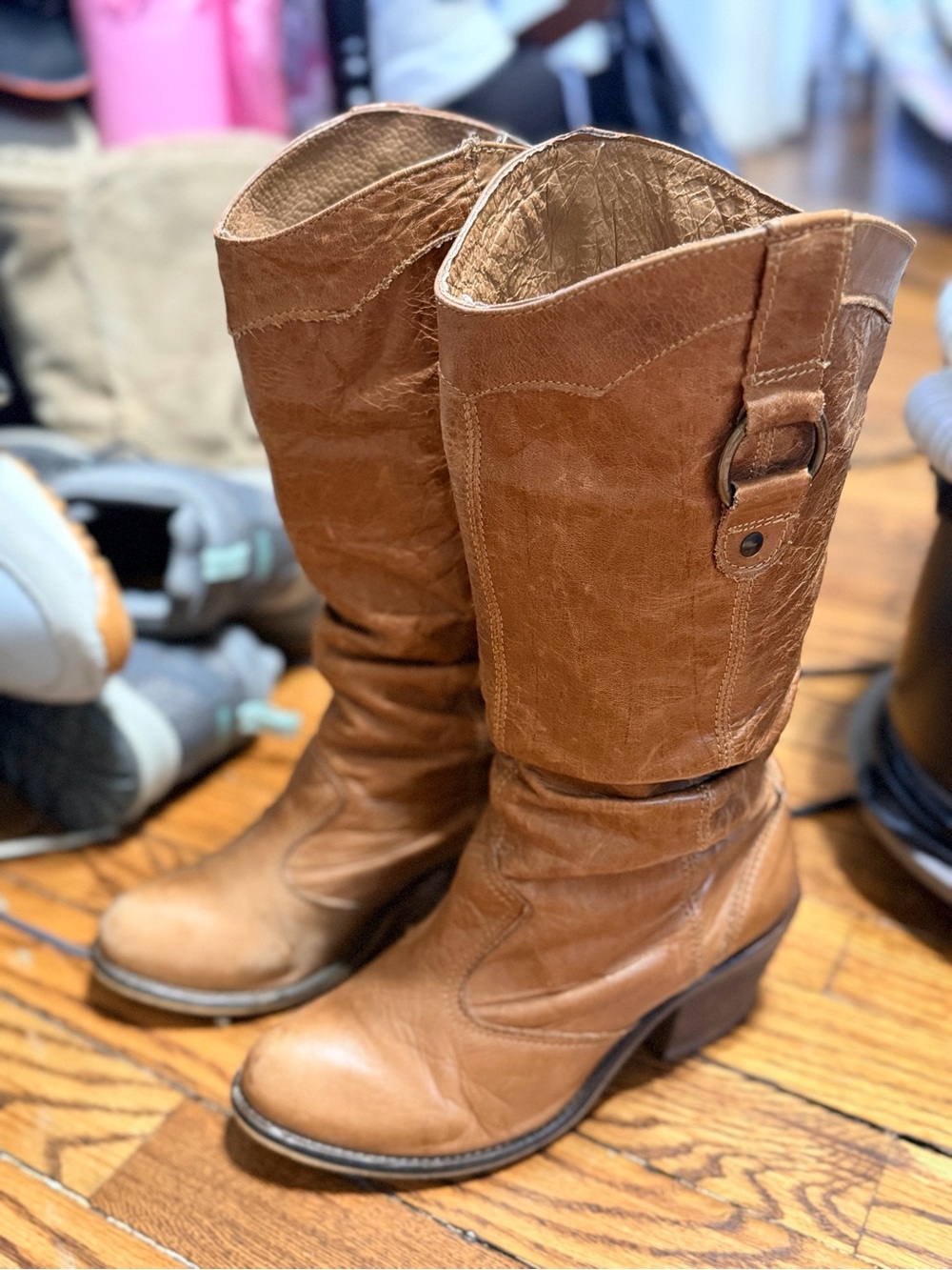 Steve Madden Legion Brown Leather Slouch Western Boots Cognac Buckle